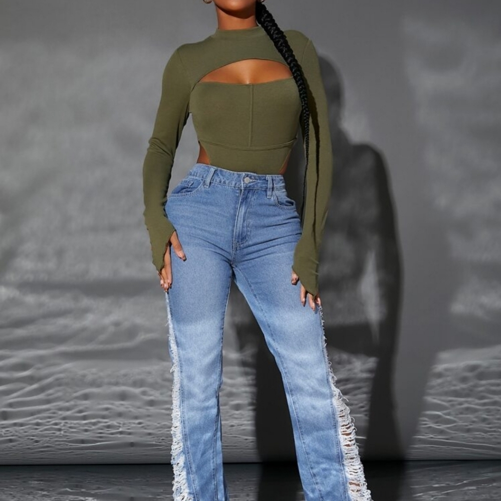 Mock Neck Cut-Out Rib-Knit Bodysuit